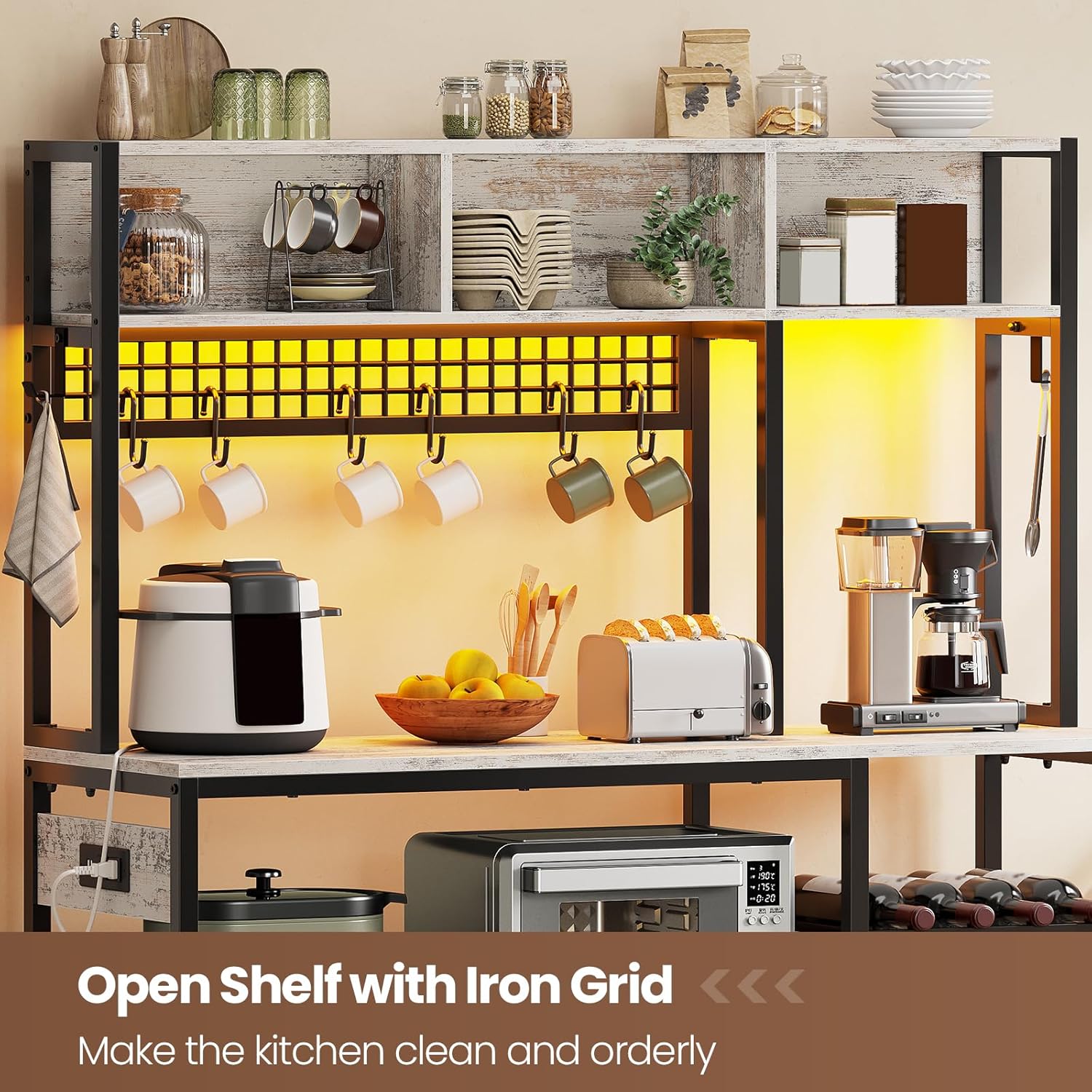 Itaar 47.2 Inch Bakers Rack with Power Outlet, Microwave Stand with Storage, Farmhouse Coffee Bar Cabinet Station with Wine Rack, Iron Mesh and 8-S Hooks, Vintage White