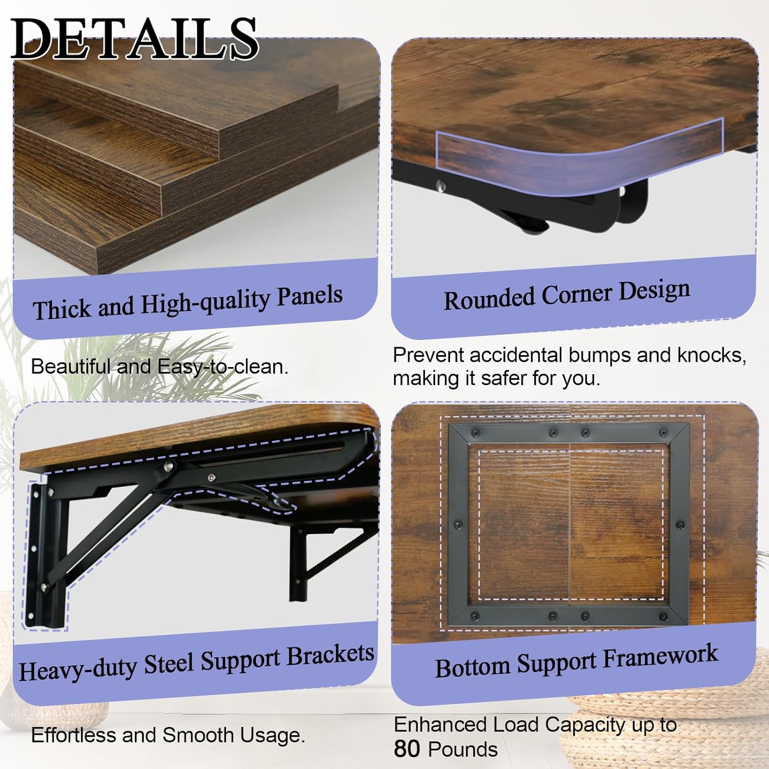 TEAMIX Wall Mounted Folding Table, Rustic Brown Floating Wall Desk for Small Spaces, Drop Leaf Dining Table for Kitchen Fold Down Laundry Shelf with Heavy-Duty Brackets