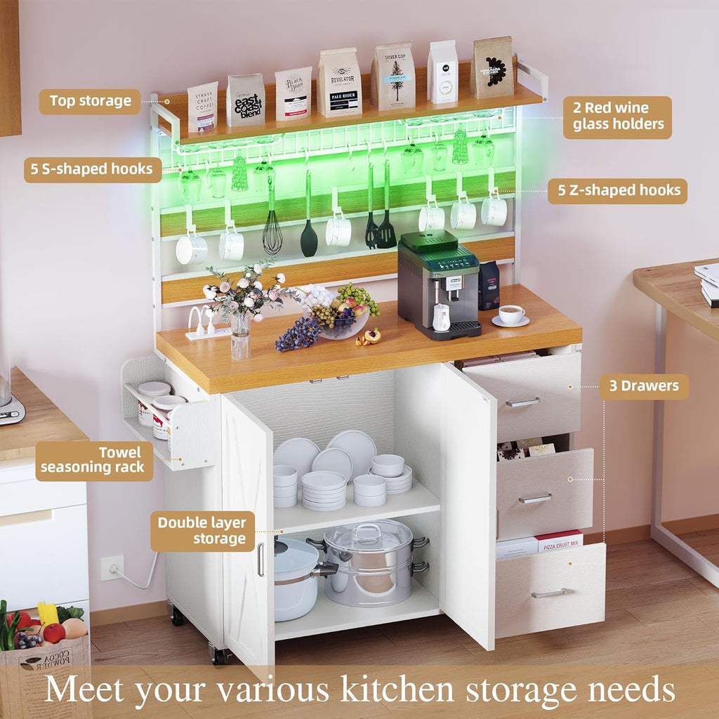 DWVO Farmhouse Bakers Rack with Power Outlet and LED Light, 53 inch Coffee Bar Cabinet Station with Storage, Microwave Stand on Wheels, with Wine Racks, Shelves, Goblet Holder and 14-S Hooks (White)