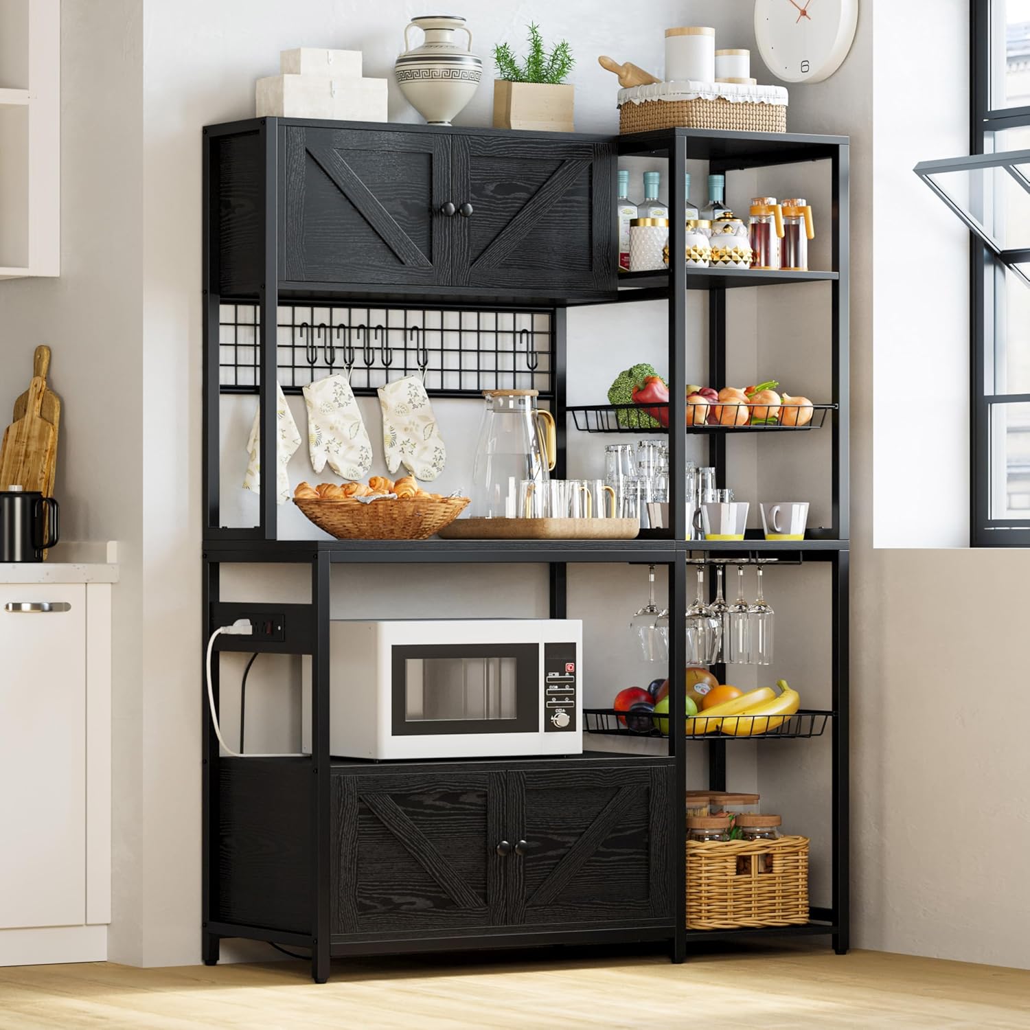 IRONCK Bakers Rack with 2 Storage Cabinets and Power Outlet, 45.3 Inch Industrial Coffee Bar Cabinet Shelves, Kitchen Microwave Stand with Storage, Vintage Brown