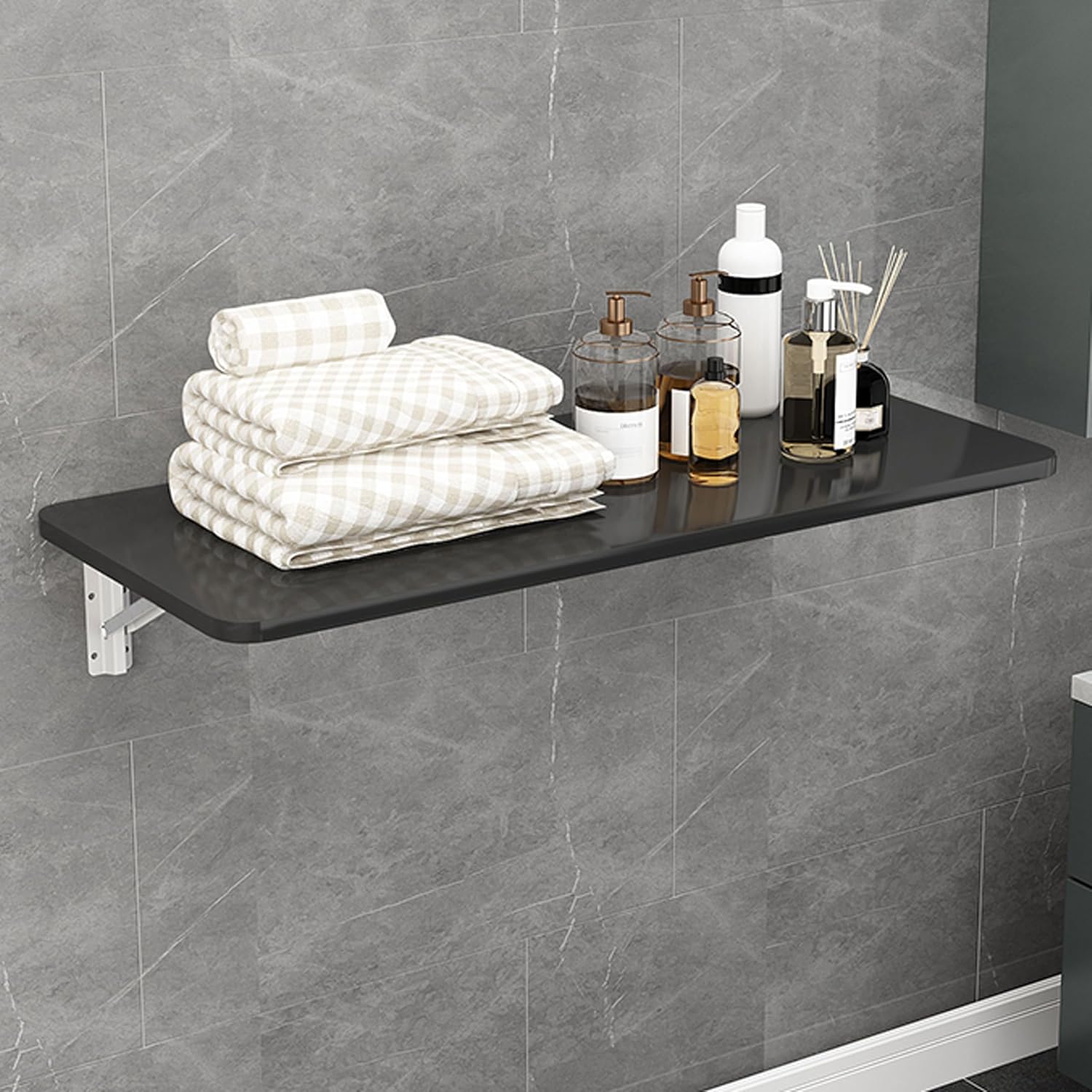 Folding Wall Table,Fold Down Desk Wall Mounted,Laundry Room Table for Folding Clothes,Foldable Floating Mount Desk for Small Spaces,Home Office,Kitchen Dining(Black, 60x40cm / 23.6×15.7inch)