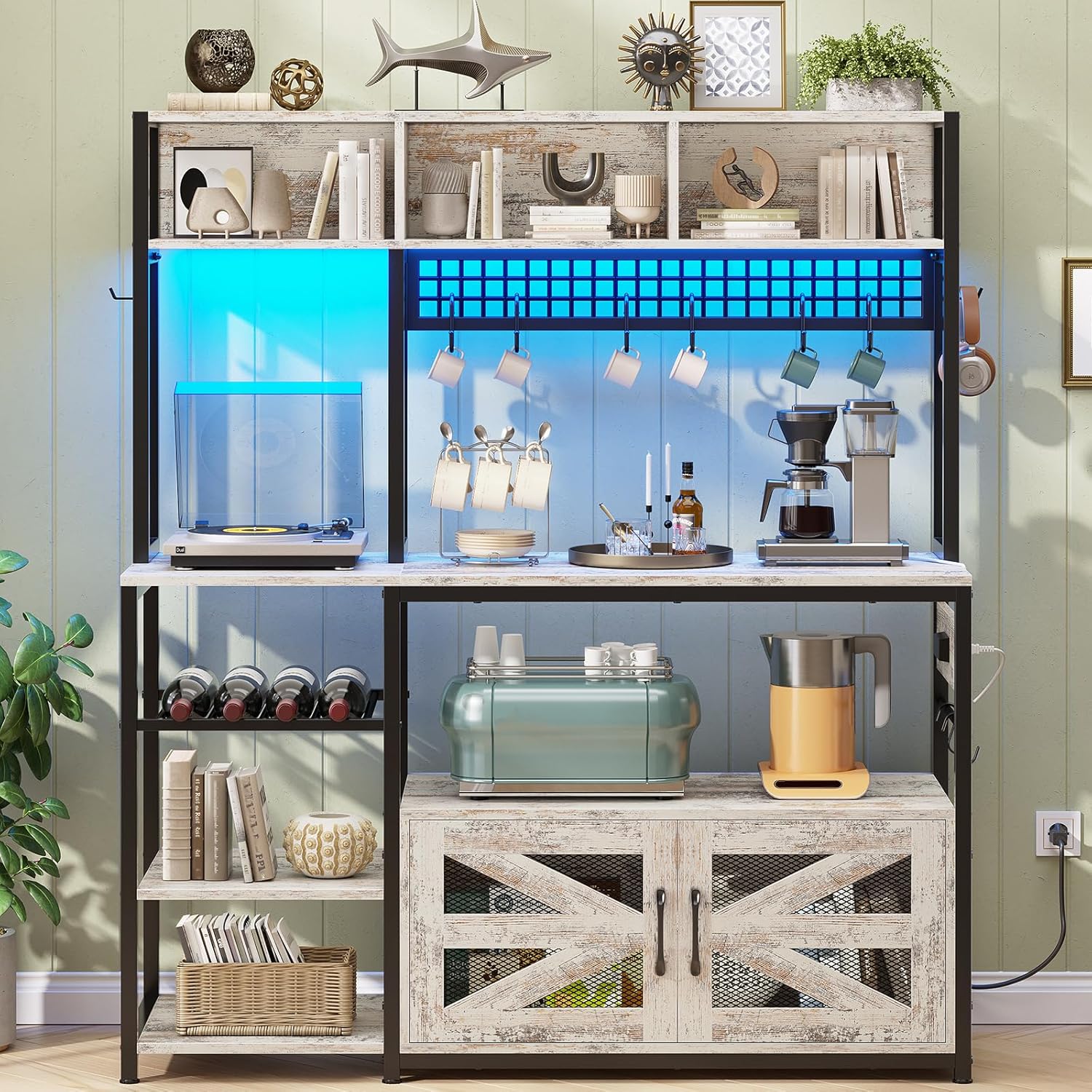 Itaar 47.2 Inch Bakers Rack with Power Outlet, Microwave Stand with Storage, Farmhouse Coffee Bar Cabinet Station with Wine Rack, Iron Mesh and 8-S Hooks, Vintage White