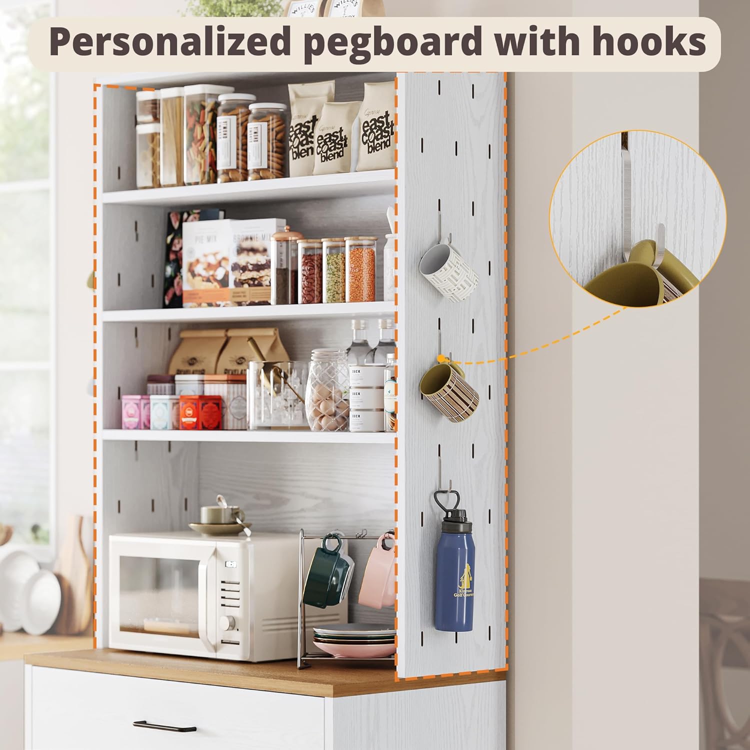 IRONCK Bakers Rack Microwave Stand with Storage and Pegboard, 71" Farmhouse Coffee Bar Cabinet with Drawer, Barn Doors, Adjustable Shelves for Kitchen, Dining Room, Living Room, White