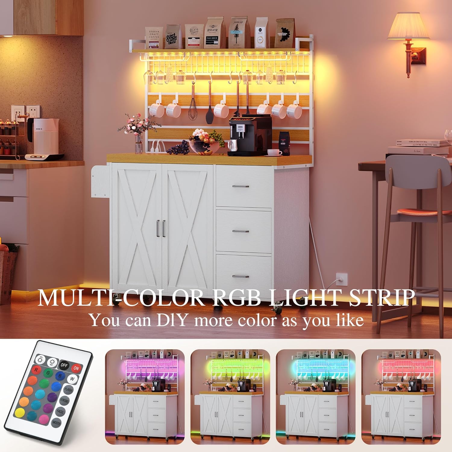 DWVO Farmhouse Bakers Rack with Power Outlet and LED Light, 53 inch Coffee Bar Cabinet Station with Storage, Microwave Stand on Wheels, with Wine Racks, Shelves, Goblet Holder and 14-S Hooks (White)